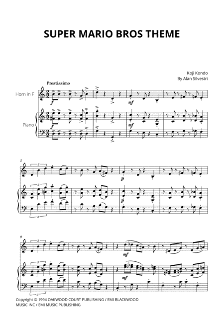 Super Mario Bros Theme For Horn In F And Piano Sheet Music