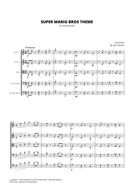 Super Mario Bros Theme For String Quintet Sheet Music