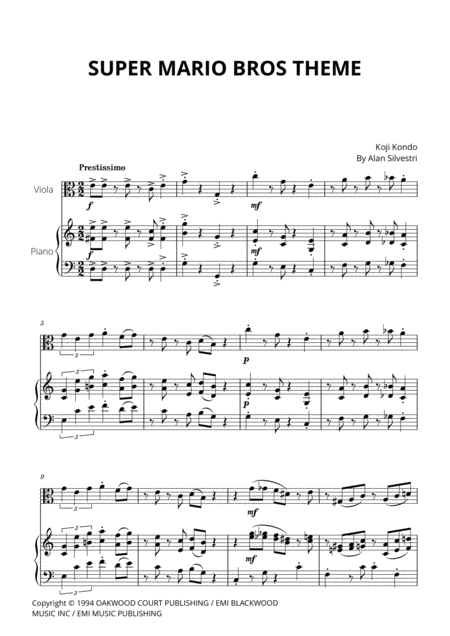 Super Mario Bros Theme For Viola And Piano Sheet Music