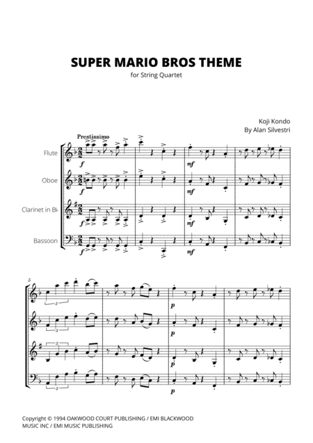 Super Mario Bros Theme For Woodwind Quartet Sheet Music