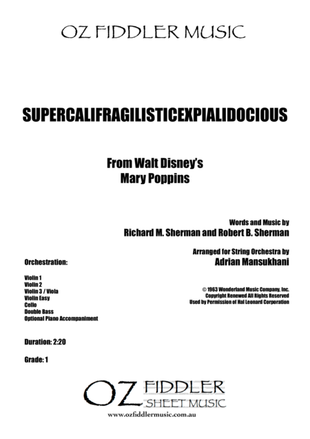 Supercalifragilisticexpialidocious From Mary Poppins Arranged For String Orchestra Sheet Music