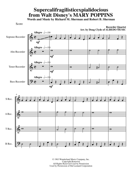 Free Sheet Music Supercalifragilisticexpialidocious From Walt Disneys Mary Poppins For Recorder Quartet