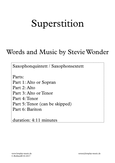 Free Sheet Music Superstition For Saxophonensemble