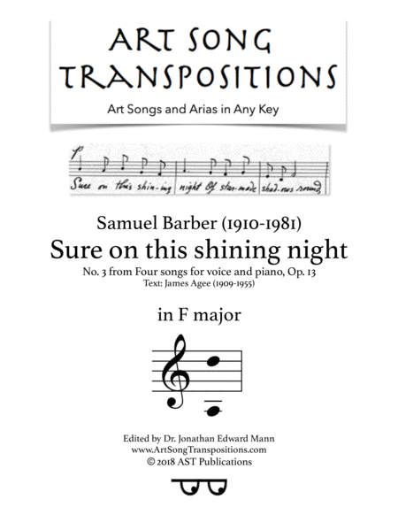 Sure On This Shining Night Op 13 No 3 F Major Sheet Music