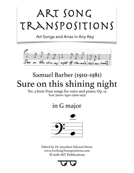 Sure On This Shining Night Op 13 No 3 G Major Bass Clef Sheet Music