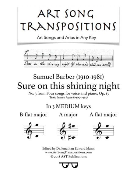 Sure On This Shining Night Op 13 No 3 In 3 Medium Keys B Flat A A Flat Major Sheet Music