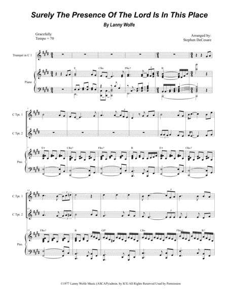 Surely The Presence Of The Lord Is In This Place Duet For C Trumpet Sheet Music