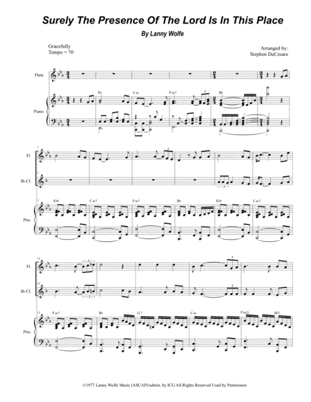 Free Sheet Music Surely The Presence Of The Lord Is In This Place Duet For Flute Bb Clarinet