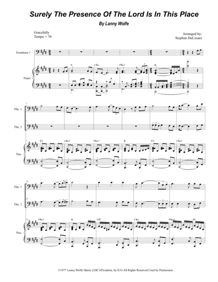 Surely The Presence Of The Lord Is In This Place Trombone Duet Sheet Music