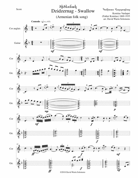 Free Sheet Music Swallow Dzidzernag Arranged For Cor Anglais And Guitar