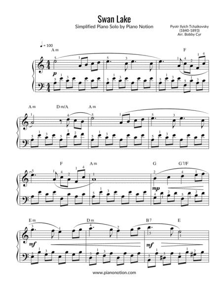 Free Sheet Music Swan Lake Tchaikovsky Simplified Piano Solo