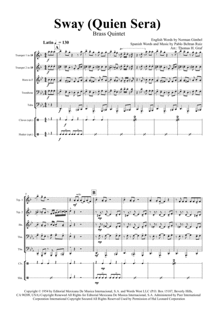 Sway Quien Sera Michael Bubl Brass Quintet Sheet Music