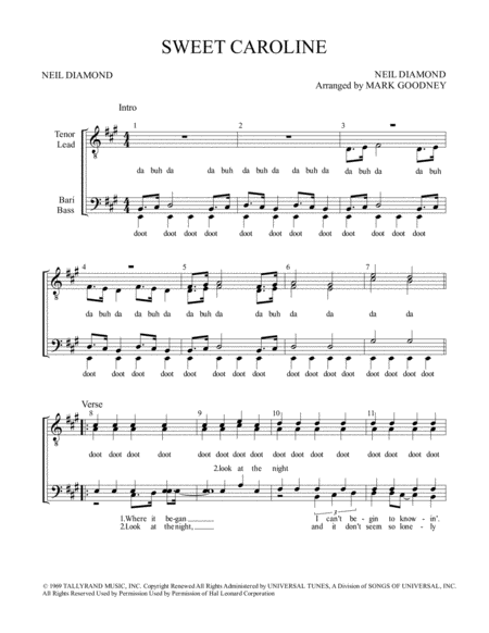 Sweet Caroline By Neil Diamond Barbershop Men Ttbb Chorus Quartet Sheet Music