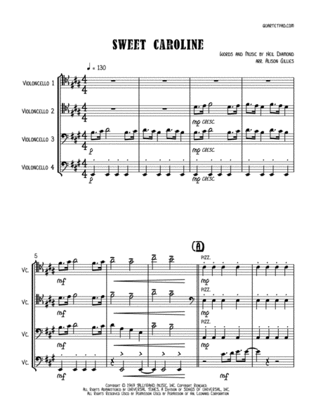 Sweet Caroline Cello Quartet Sheet Music