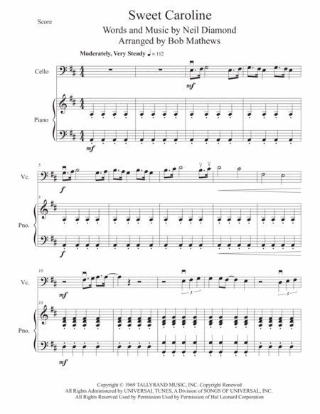 Sweet Caroline For Cello And Piano Sheet Music