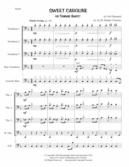 Free Sheet Music Sweet Caroline Trombone Quartet F Gb