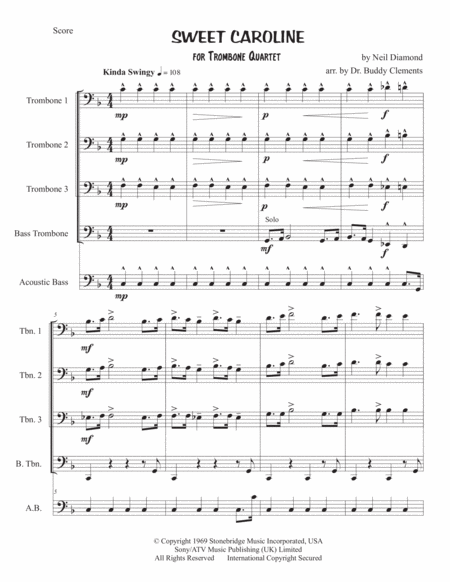 Sweet Caroline Trombone Quartet F Gb Sheet Music