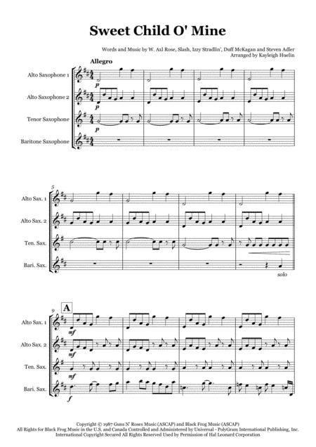 Sweet Child O Mine By Guns N Roses Saxophone Quartet Aatb Sheet Music