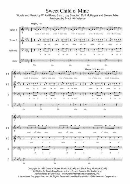 Free Sheet Music Sweet Child O Mine Ttbb A Capella