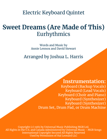 Free Sheet Music Sweet Dreams Are Made Of This Eurhythmics Electric Keyboard Quintet