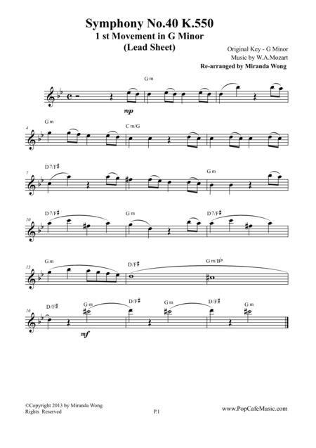 Free Sheet Music Symphony No 40 K 550 1st Movement In G Minor Lead Sheet