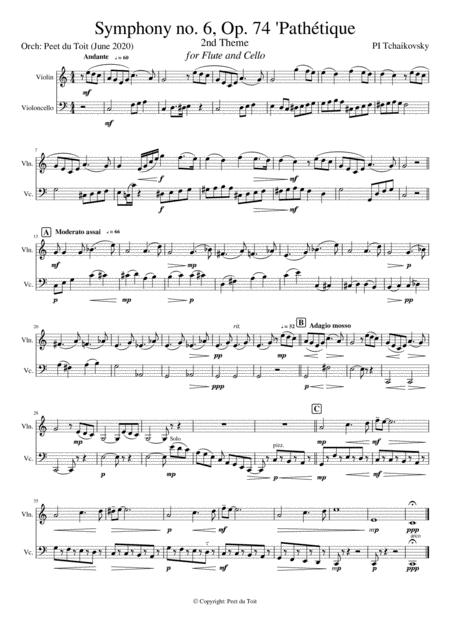 Symphony No 6 Op 74 Pathtique Andante I 2nd Theme Pi Tchaikovsky Violin Cello Excerpt Sheet Music