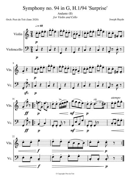 Free Sheet Music Symphony No 94 In G H 1 94 Surprise Andante Ii Fj Haydn Violin Cello Excerpt