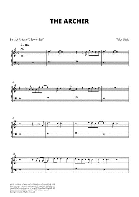 Free Sheet Music Tailor Swift The Archer