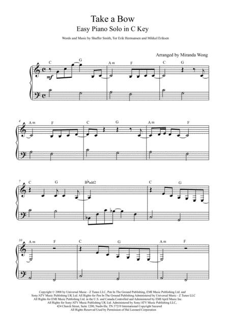 Take A Bow Easy Piano Solo In C Key With Chords Sheet Music