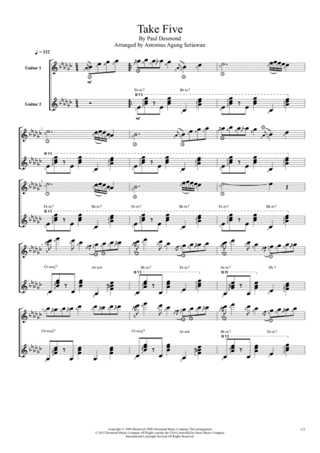 Free Sheet Music Take Five Duet Guitar Score