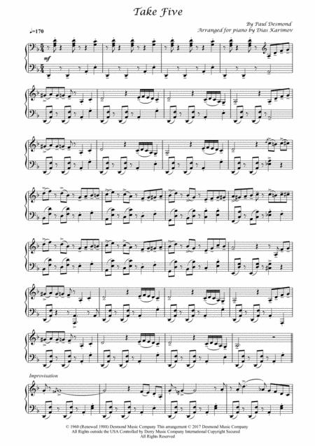 Free Sheet Music Take Five For Piano With Solo Improvisation Part