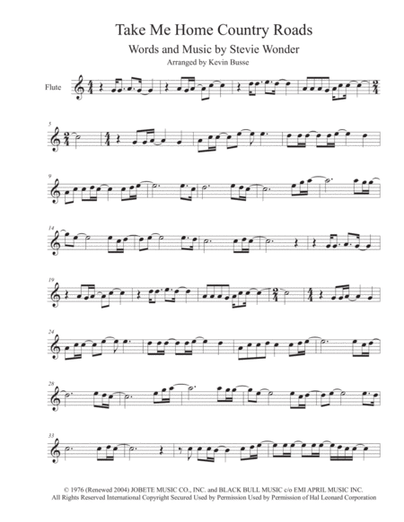 Take Me Home Country Roads Easy Key Of C Flute Sheet Music