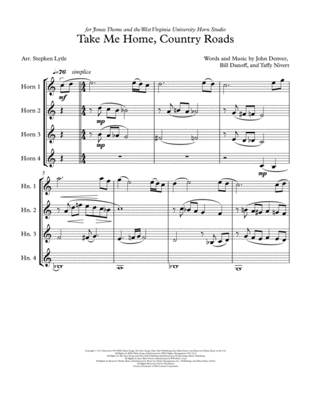 Free Sheet Music Take Me Home Country Roads For Horn Quartet