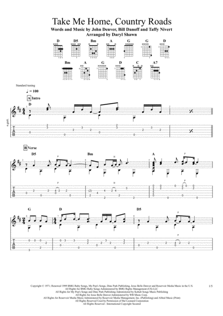 Take Me Home Country Roads For Solo Fingerstyle Guitar Sheet Music