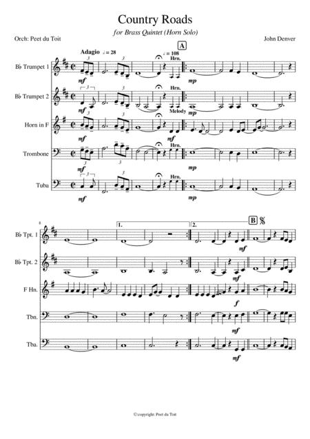 Take Me Home Country Roads J Denver B Danofft Nivert Brass Quintet Sheet Music