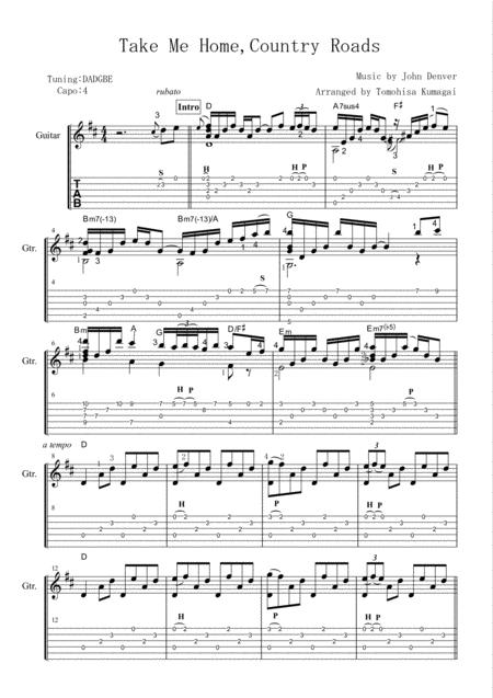 Take Me Home Country Roads John Denver Fingerstyle Guitar Sheet Music