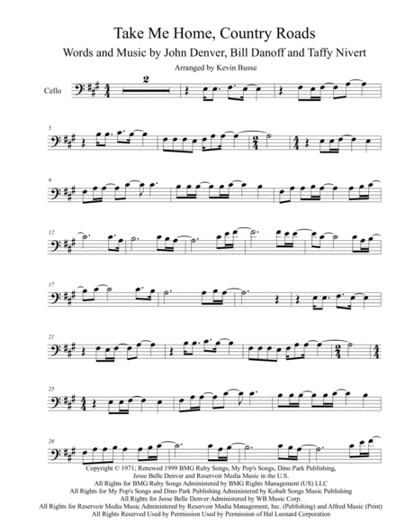 Take Me Home Country Roads Original Key Cello Sheet Music