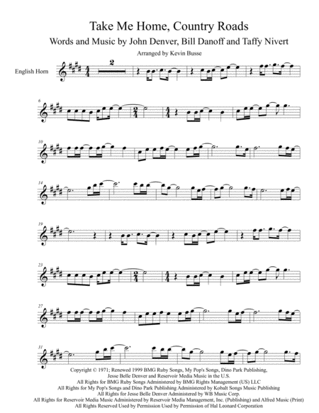 Take Me Home Country Roads Original Key English Horn Sheet Music