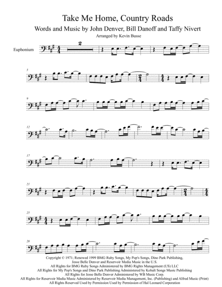 Take Me Home Country Roads Original Key Euphonium Sheet Music