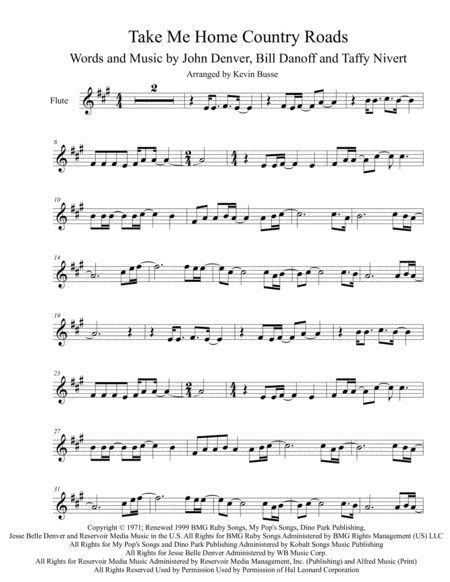 Take Me Home Country Roads Original Key Flute Sheet Music