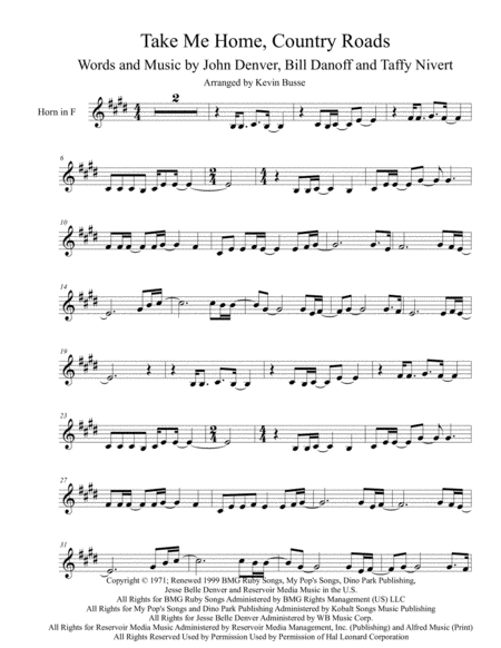 Take Me Home Country Roads Original Key Horn In F Sheet Music