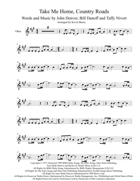 Take Me Home Country Roads Original Key Oboe Sheet Music