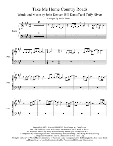 Take Me Home Country Roads Original Key Piano Sheet Music