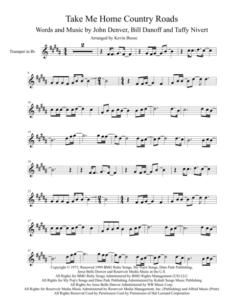 Take Me Home Country Roads Original Key Trumpet Sheet Music