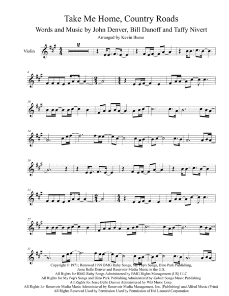 Take Me Home Country Roads Original Key Violin Sheet Music