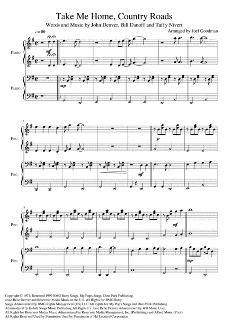 Take Me Home Country Roads Piano Duet 4 Hands 1 Piano Sheet Music