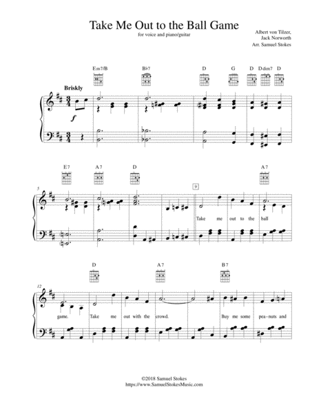 Free Sheet Music Take Me Out To The Ball Game For Piano Vocal With Optional Guitar Key Of D