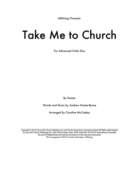 Take Me To Church Violin Duet Sheet Music