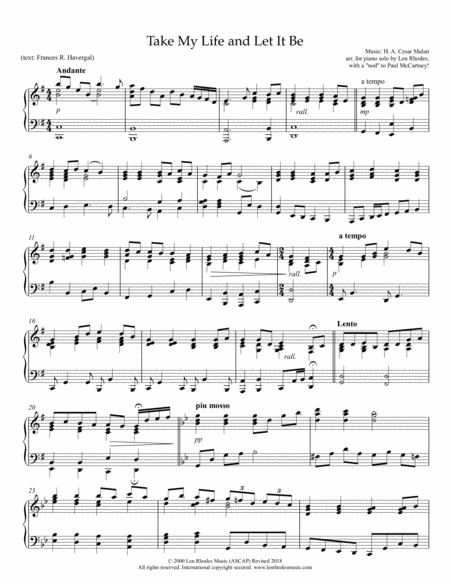 Free Sheet Music Take My Life And Let It Be For Piano Solo