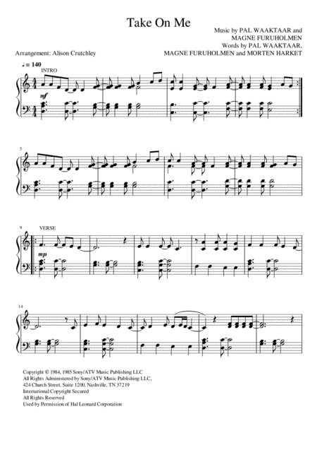 Take On Me By A Ha Early Intermediate Piano Sheet Music